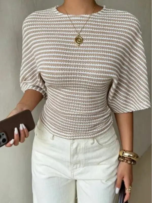 Striped Knit Top with Puffed Sleeves and Round Neckline, Casual Style for Everyday Wear