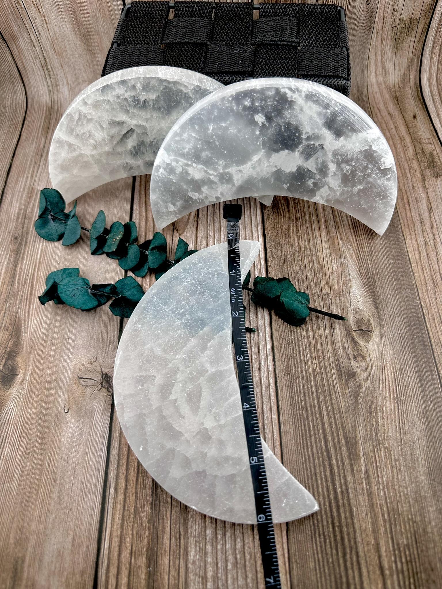 Natural Genuine Selenite moon Charging plates, crescent and full moon selenite plates for decor charging crystals candle plate natural healing and protective Selenite plates, moon phase decor