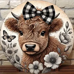 Rustic Highland Cattle and Butterfly Metal Wall Decor with Checkered Bow Waterproof Rust-Resistant Flat Relief Art for Living Room Bedroom Bathroom or Man Cave