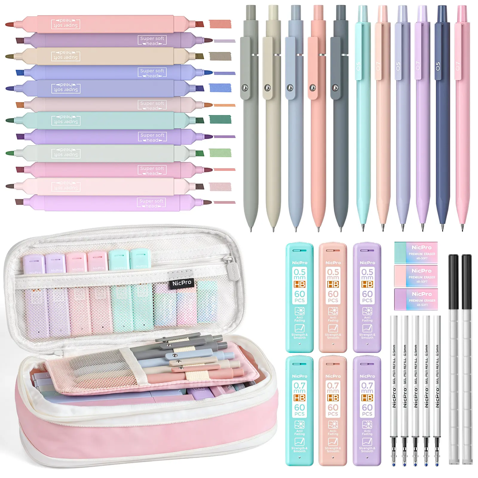 Nicpro 39-Pack Comprehensive Stationery Set for Students - Aesthetic School Supplies with Large Capacity Pencil Pouch, 12 Pastel Markers, 5 Quick-Dry Retractable Black Ink Pens, 6 Pastel 0.5-0.7mm Mechanical Pencils,back to school,back to school shopping