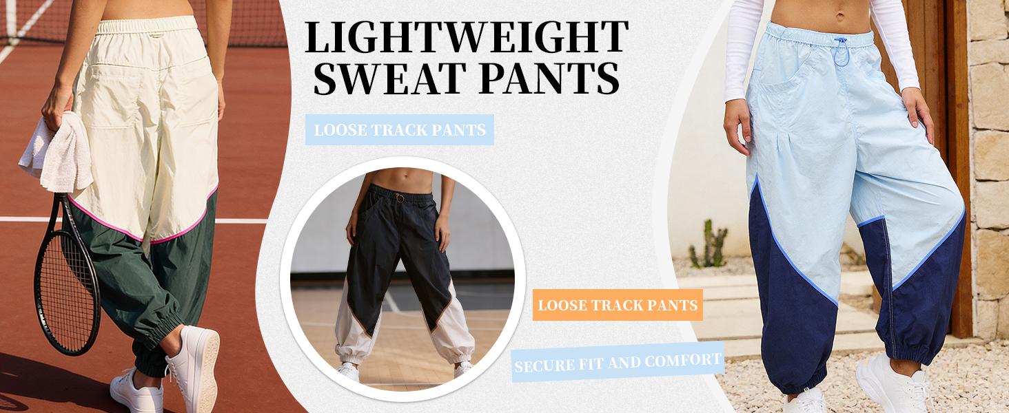 WoodBerry Women’s Slouchy Wide Leg Pants Elastic Adjustable Drawstring Waist Lightweight Quick Dry Sweatpants with Pockets Colorblock Loose Workout Track Pants