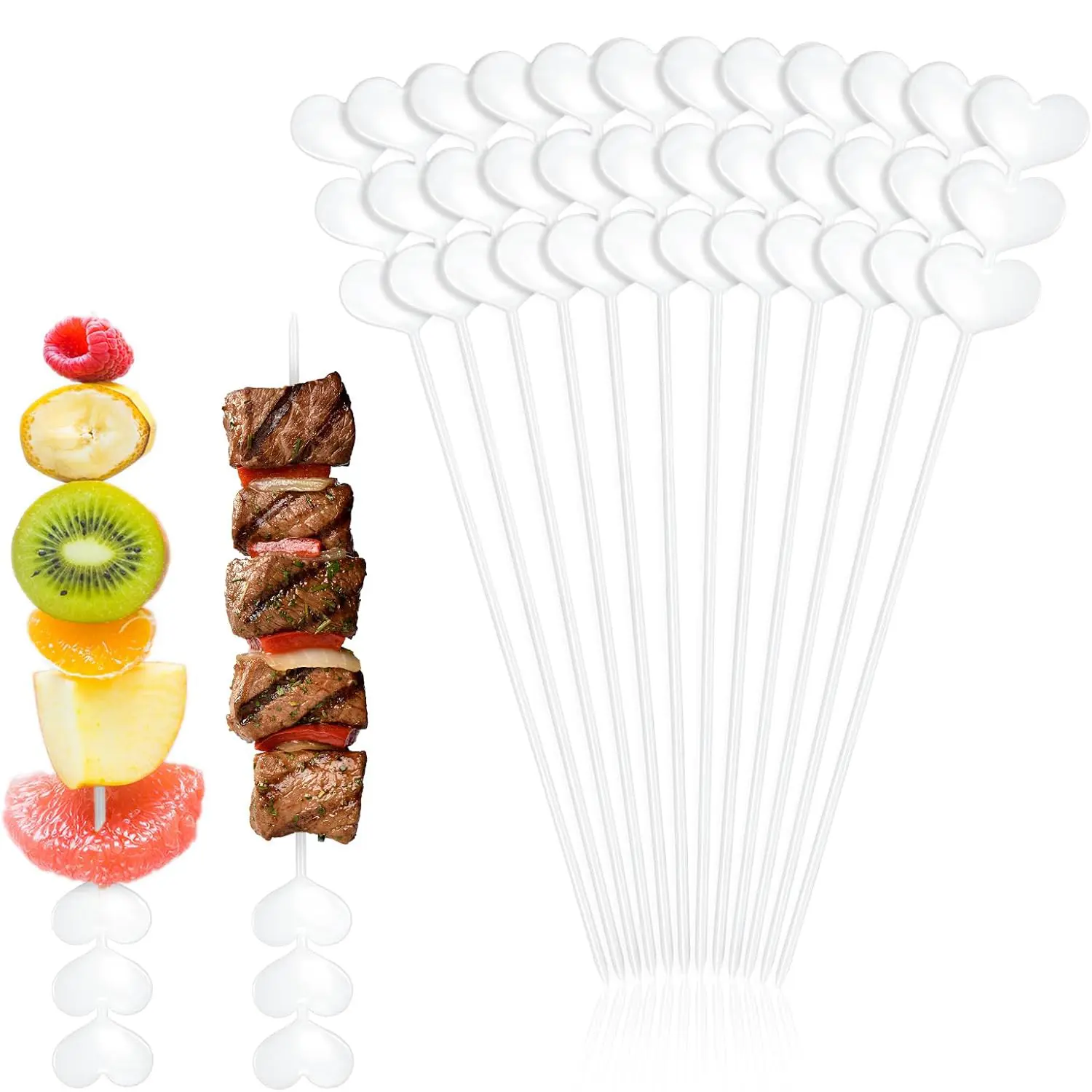 50 Pack 12" Plastic Heart Skewers Reusable Cooking Sticks for Fruit, Kabobs, Bbq, Cocktail, Chocolate Fountain, Grilling, Valentine's Day, Birthday, Wedding Party
