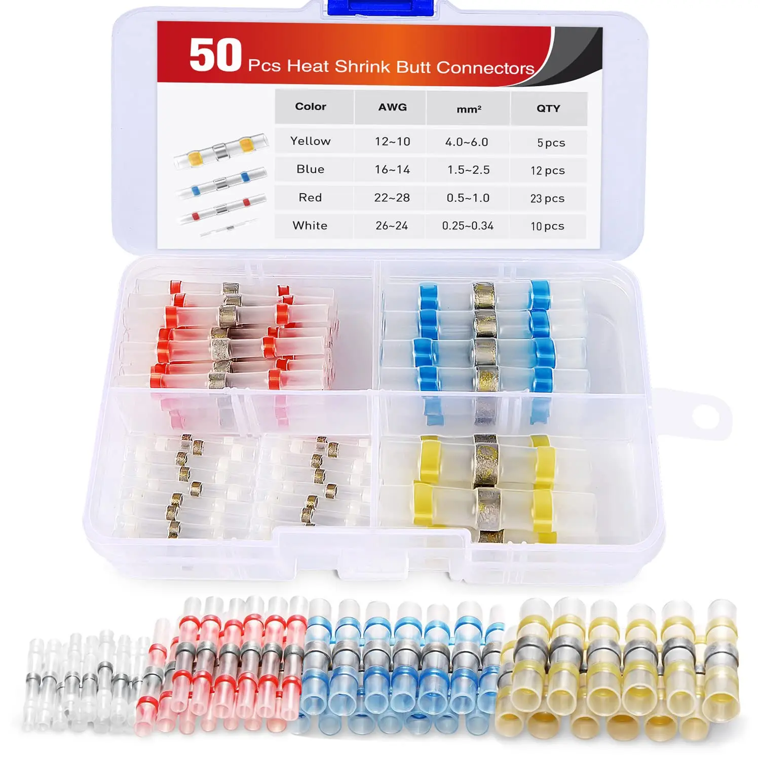 Nilight 50pcs Solder Seal Wire Connector, Solder Seal Heat Shrink Butt Connectors,Electrical Waterproof Insulated Marine Automotive Copper(23Red 12Blue 10White 5Yellow) fathersdaygift, Waterproof Protective Connectors, 50 Pcs Solder Seal Wire Connector