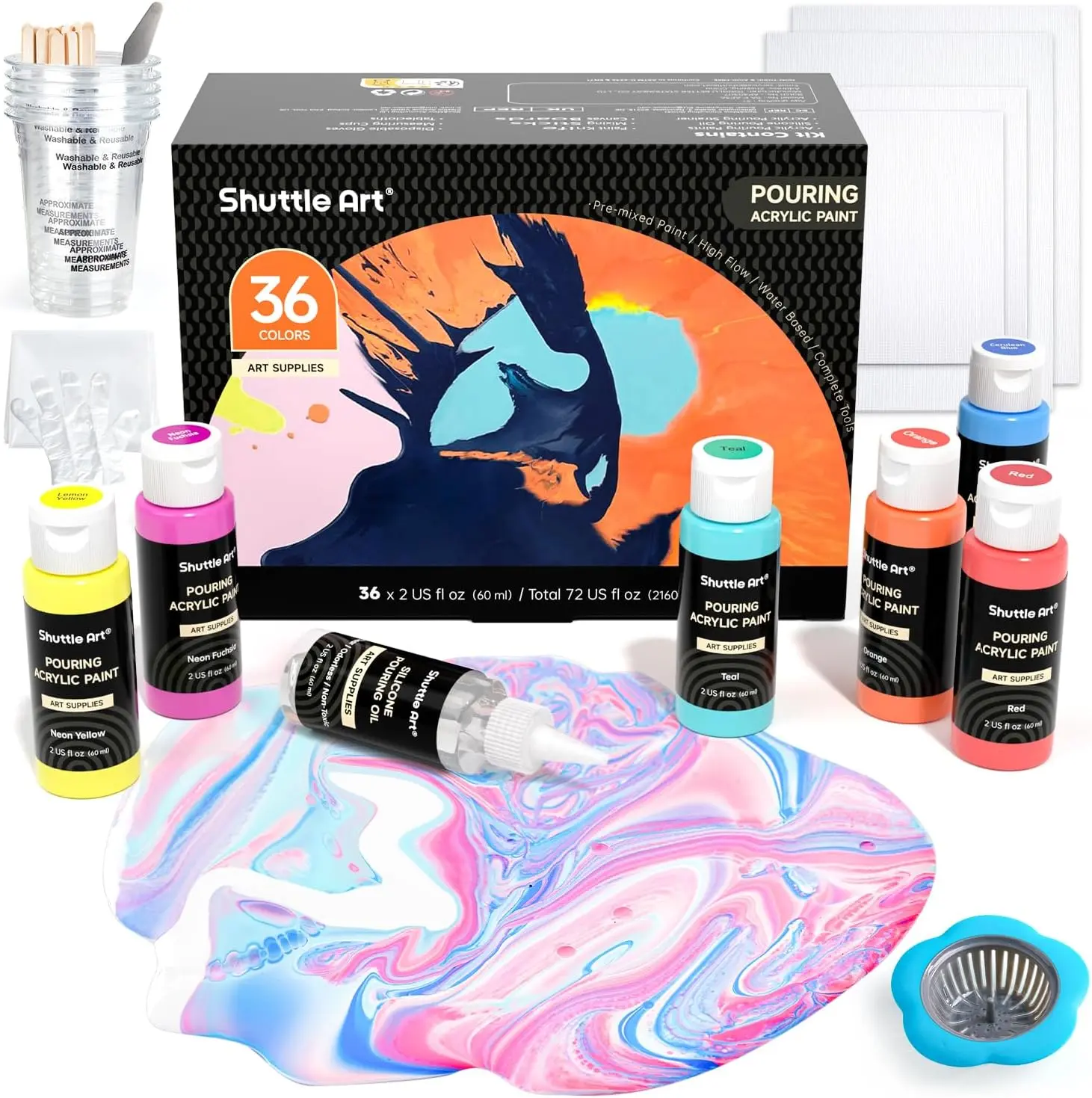 Shuttle Art Artistic Acrylic Pouring Paint Kit, 36 Bottles (2 oz/60ml) Pre-Mixed High-Flow DIY Painting Supplies with Canvas, Silicone Oil, Measuring Cups, Tablecloths & Painting Accessories