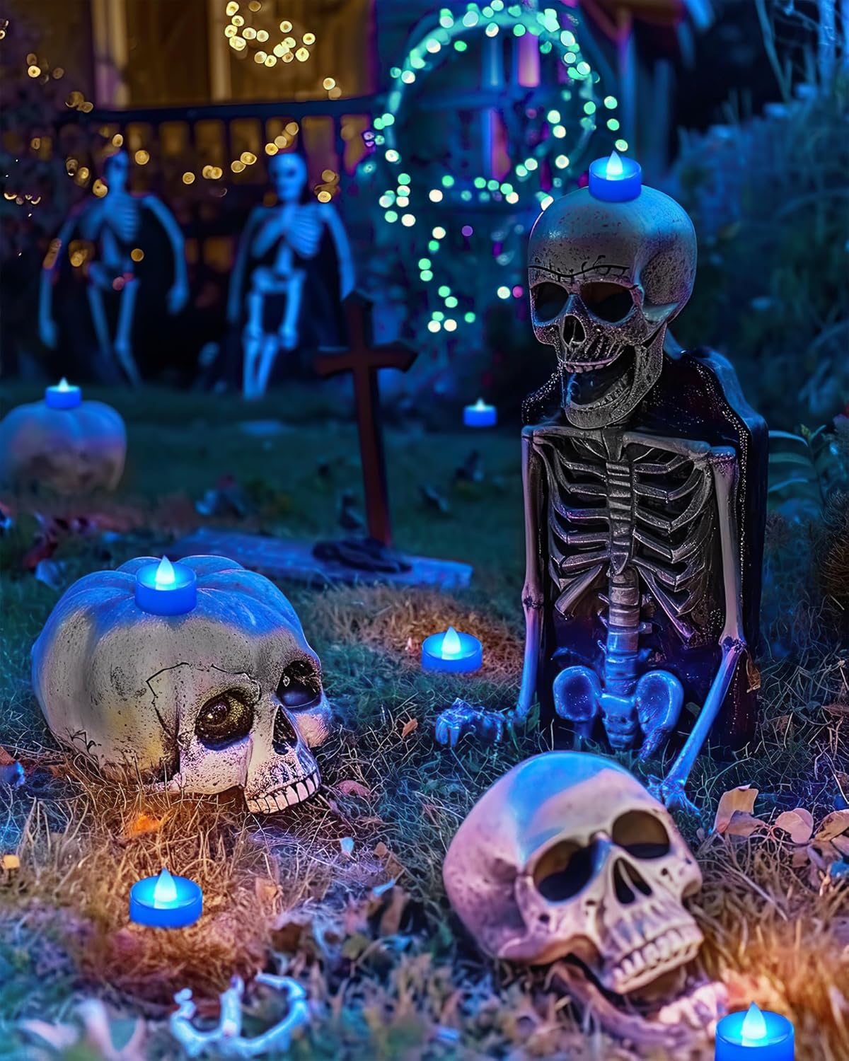 Flameless Candles 24Pack Battery Operated LED Tea Lights Flickering Blue Tealights for Halloween Christmas Wedding Safe 200 Hours Battery Included