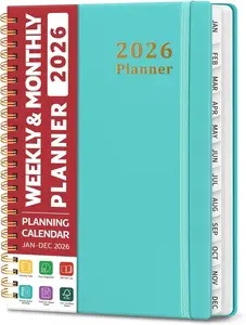 2026 Planner, Weekly and Monthly Calendar Planner, January 2026 - December 2026, Hardcover 2026 Calendar Book with Tabs For Women & Men, Inner Pocket, Spiral Bound, Perfect for Office Home School Supplies - A5 (6.3" x 8.5"), Aquamarine