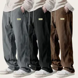 Men's vintage-style loose corduroy workwear pants with a drawstring elastic waistband and straight-leg design