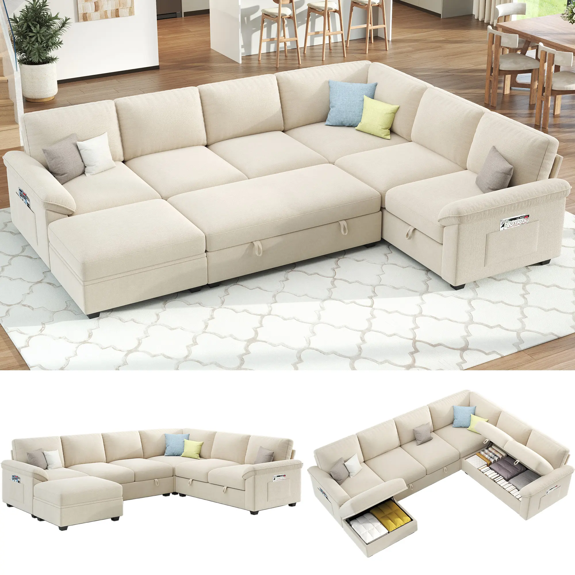 [Ships in 2 Boxes] [Summerwins][Fathersdaygift] MERLIFE 105" Chenille Sofa Bed, Sectional Sleeper Sofa with Pull Out Bed/Reclining Backrest, Sleeper Couch Bed with Storage, 6 Seater Couch Bed for Living Room