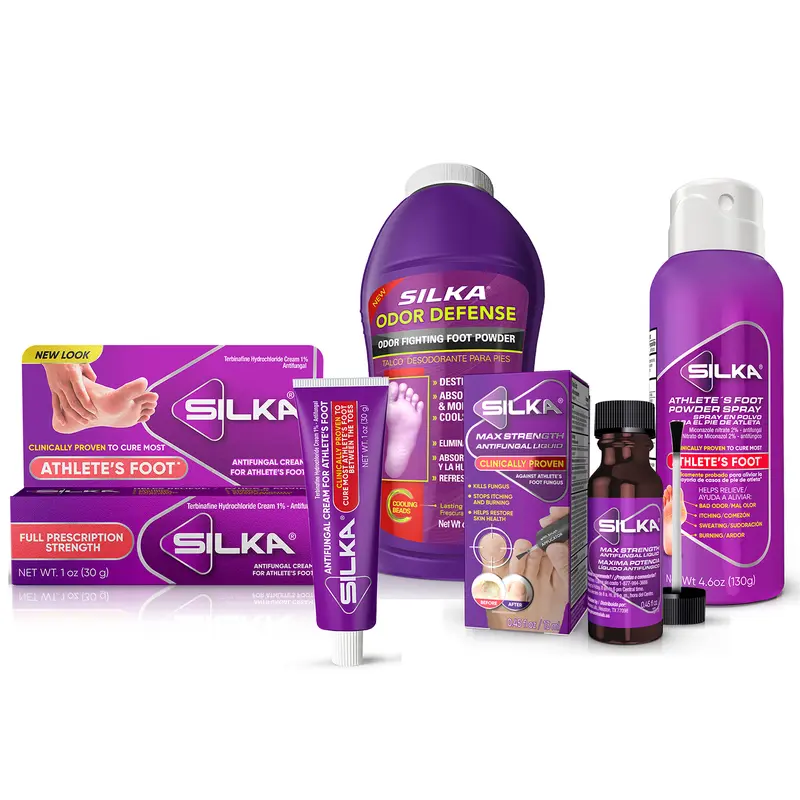 Silka Ultimate Foot Care Kit, Athlete's Foot Spray 4.6 Oz, Ringworm & Jock Itch Cream 1 Oz, Toenail Fungus Treatment 0.45 Fl Oz & Foot Powder 6 Oz, Solution for Athlete’s Foot, Nail Fungus & Foot Odor