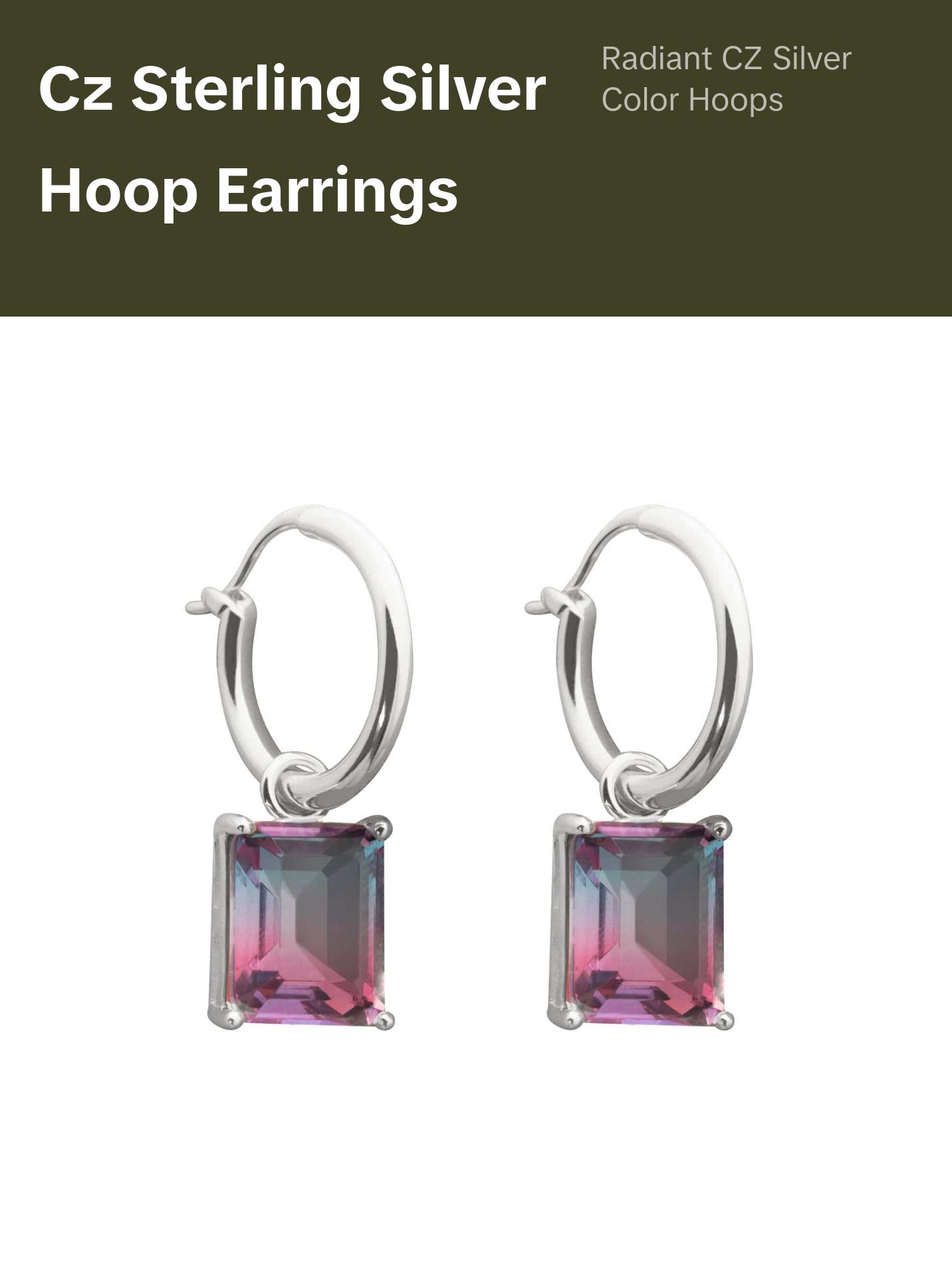 Party Geometry Rectangle CZ 925 Sterling Silver Hoop Earrings