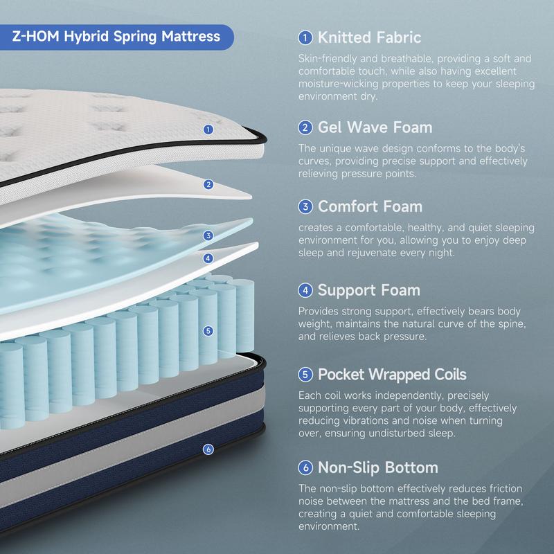 VIZIM Twin & Full & Queen Hybrid Mattress 10&12inch with Pocket Springs & Memory Foam for Cooling Comfort Pressure Relief Easy Setup Long Lasting Quality