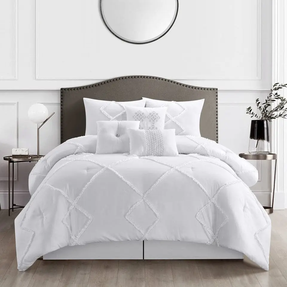Alissar 7 Piece Jacquard Comforter Set, White, Solid