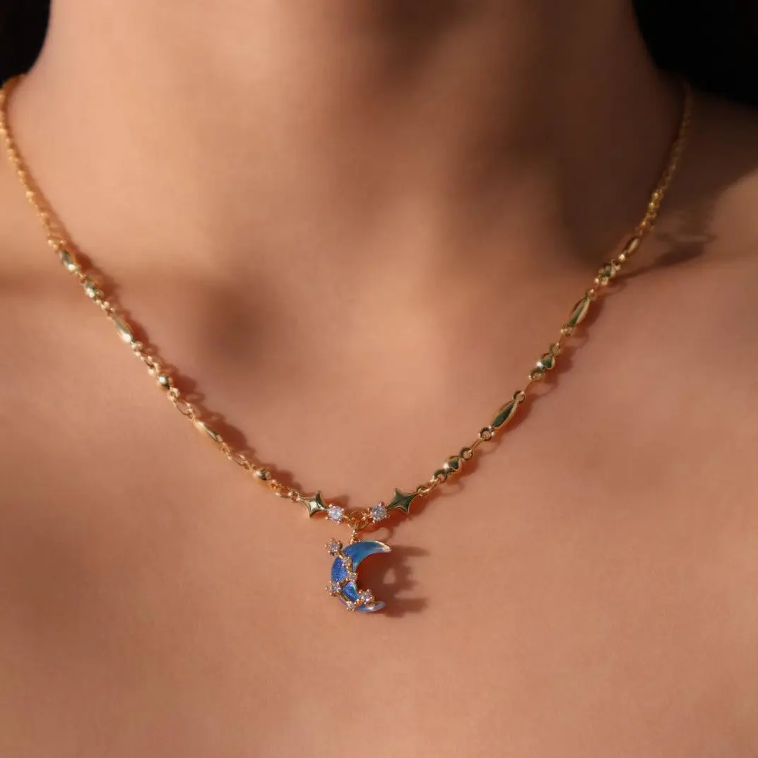 18K Real Gold Plated Moonstone Moon Star Necklace