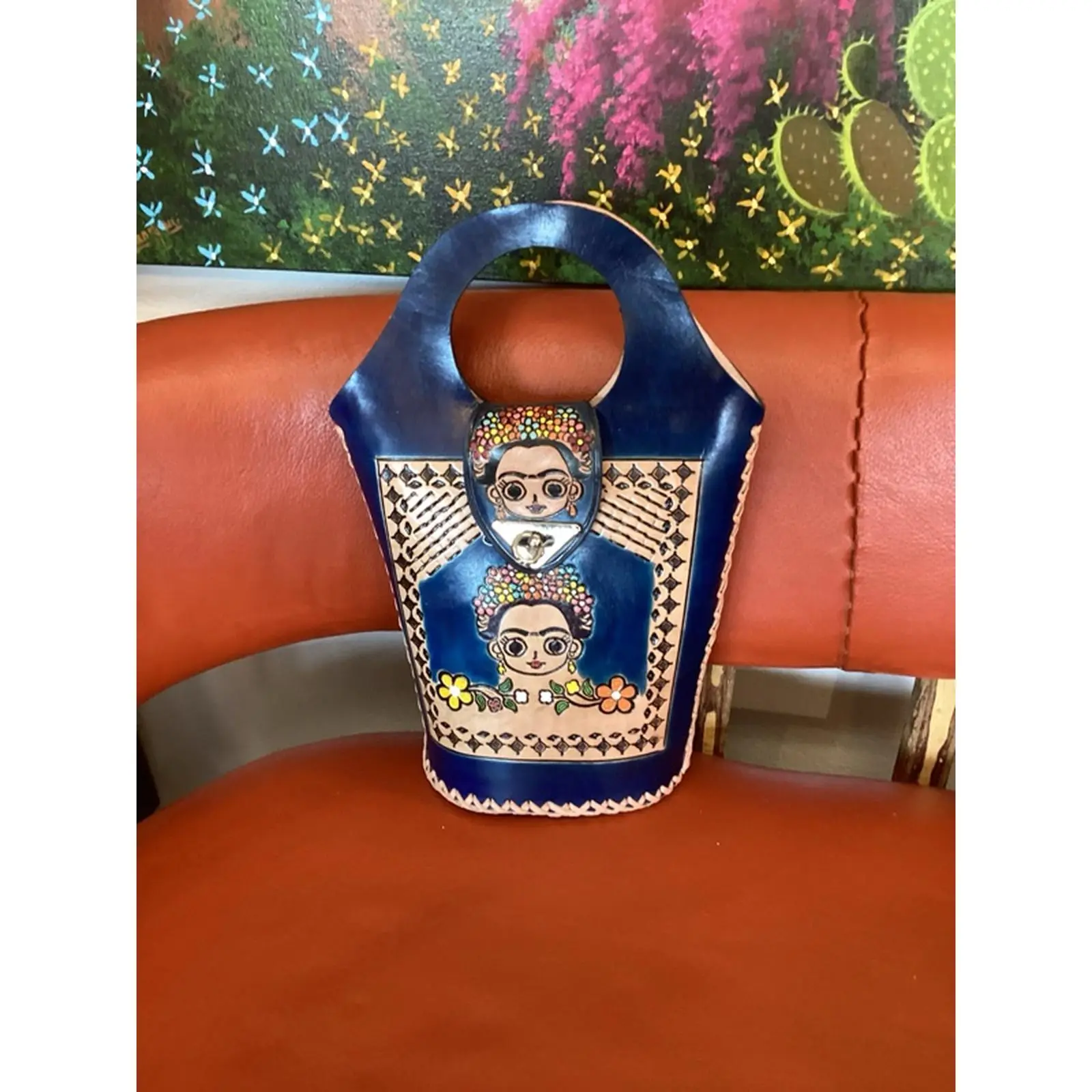 Blue Leather Bag with Frida Kahlo Design Handcrafted in Guerrero Mexico Authentic Artisanal Craftsmanship