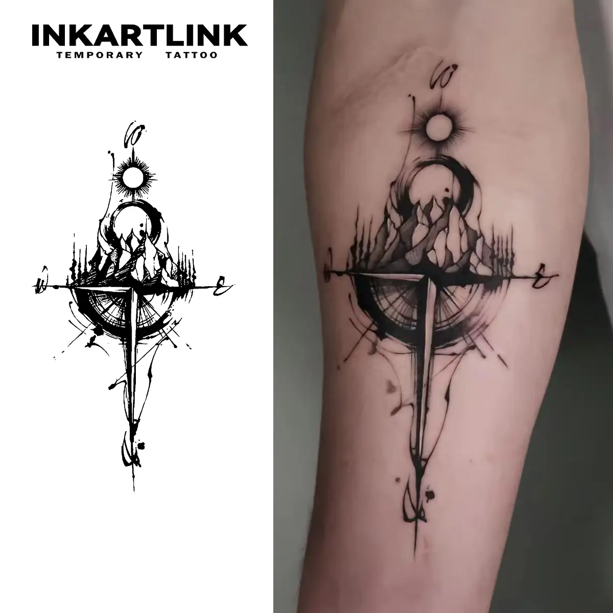 INKARTLINK Tattoo Tech, 2 Sheets Large Semi Permanent Tattoo, Adult Art Design Temporary Tattoos, Lasts 1-2 Weeks, Waterproof, Realistic Look, No Adhesive, No Reflection (Mountain Peaks Design)