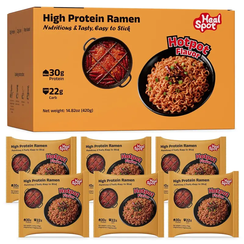HealSpot High Protein Instant Ramen, 30g Plant Based Protein, Low Fat, Low Carb, Non GMO, Keto Friendly, Plant Based Dry Mixed Ramen, 6 Packs of Hot Pot Flavor