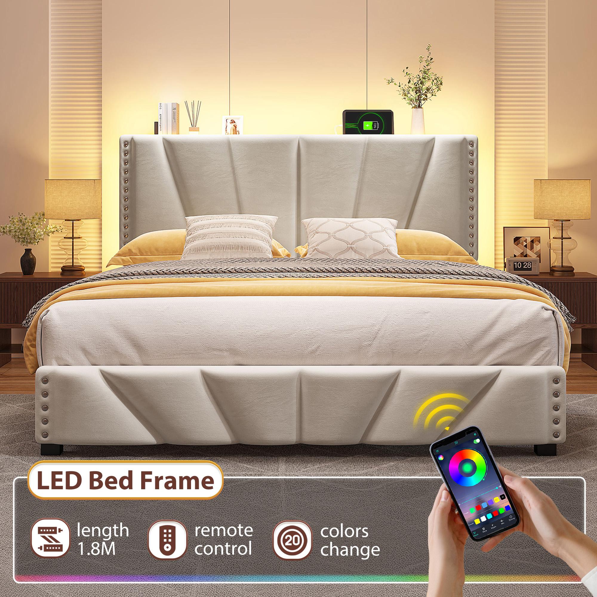 Bed Frame King Size with LED lIghts & Charging Station, Upholstered Queen Bed Frame with Shelves, Luxury Bedframe, Bedroom FurnitureNo Mattress, Noise Free, Holds 880LBS, Wood Slats & Metal Frame, Beige, Gray Bed Frame King Size with LED lIghts & Charging Station, Upholstered Queen Bed Frame with Shelves, Luxury Bedframe, Bedroom FurnitureNo Mattress, Noise Free, Holds 880LBS, Wood Slats & Metal Frame, Beige, Gray