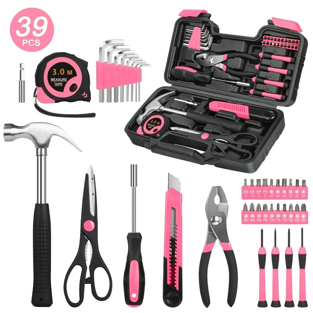 Cshidworld 39-Piece Tool Set General Household Hand Kit with Plastic Toolbox Storage Case, Basic Home Tool Kit for Girls Ladies and Women - Includes Essential Tools for Home Garage and Office