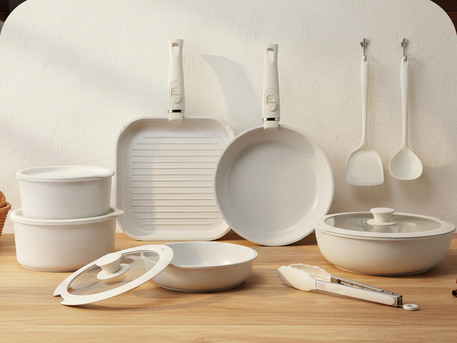 USELUCK 20 Pcs non stick pots and pans, Oven Safe, Stackable pots and pans with removable handles, Healthy RV Set with Detachable Handle Frying Induction Lids Stove Square Silicone Glass Cookware home use