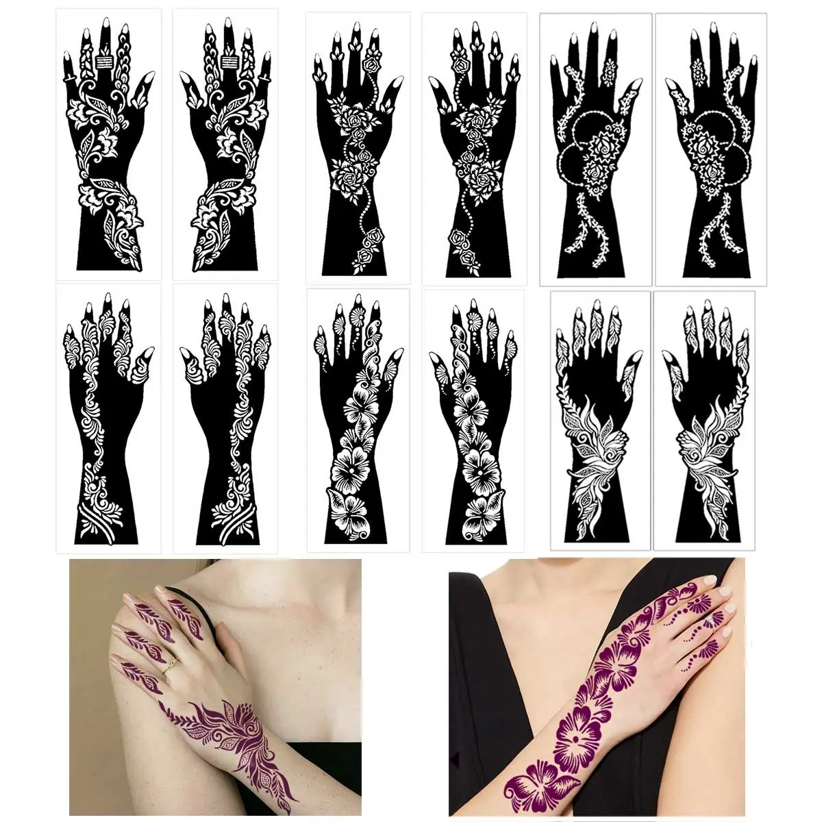 Henna Hand Tattoo Stencil Set, 12 pcs Hollow-Out Design Temporary Tattoo Stencils, DIY Body Art Decoration for Women and Girls