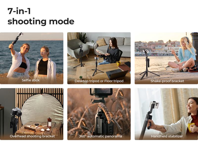 K&F CONCEPT Up to 71" Face Tracking Tripod Selfie Stick| 360° Rotation + Bluetooth Remote + Stand| 2 Fill Lights (Optional)| Black/White Textured (White Same as Black), for Travel/Live Streaming/Vloggers