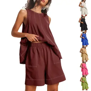 WoodBerry Women's 2 Piece Outfits Cotton Matching Sets A Line Sleeveless Tank Tops and High Waist Shorts with Pockets Trendy Contrast Stitching Streetwear Two-Piece Set