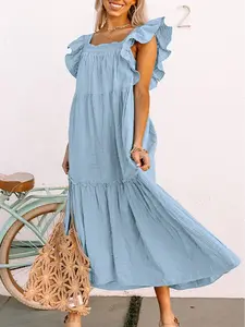 Women's Sky Blue Ruffled Flutter Sleeve Square Neck Textured Tiered Maxi Dresses Summer Beach Vacation Flowy Long Gowns Casual Party Sun Dresses Maternity Photoshoot Outfits