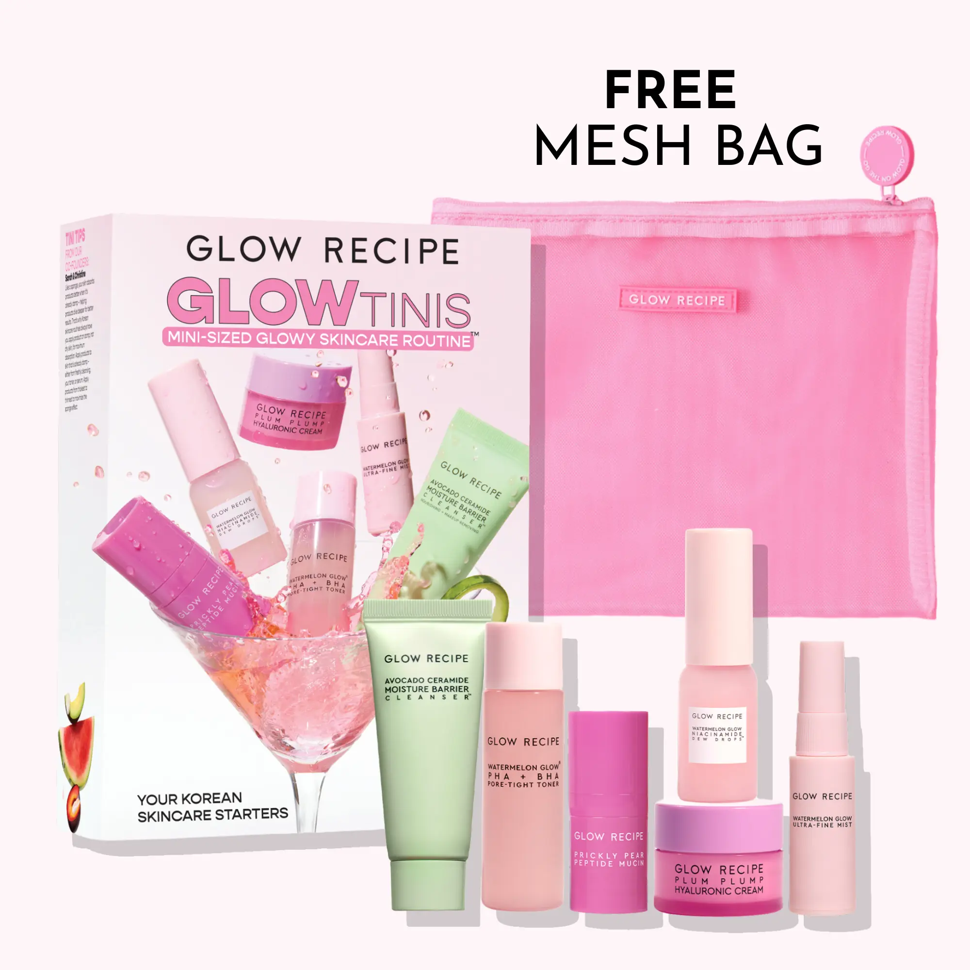 Glow Recipe GlowTinis Mini Skincare Set - Korean Kit with Watermelon, Hyaluronic Acid, Cleanser, Avocado, for Hydration, Brightening, Repair, Plumpness, Morning Routine, Travel Toiletries, Glow Up, Soft Skin, Skin Transformation, Fresh and Clean