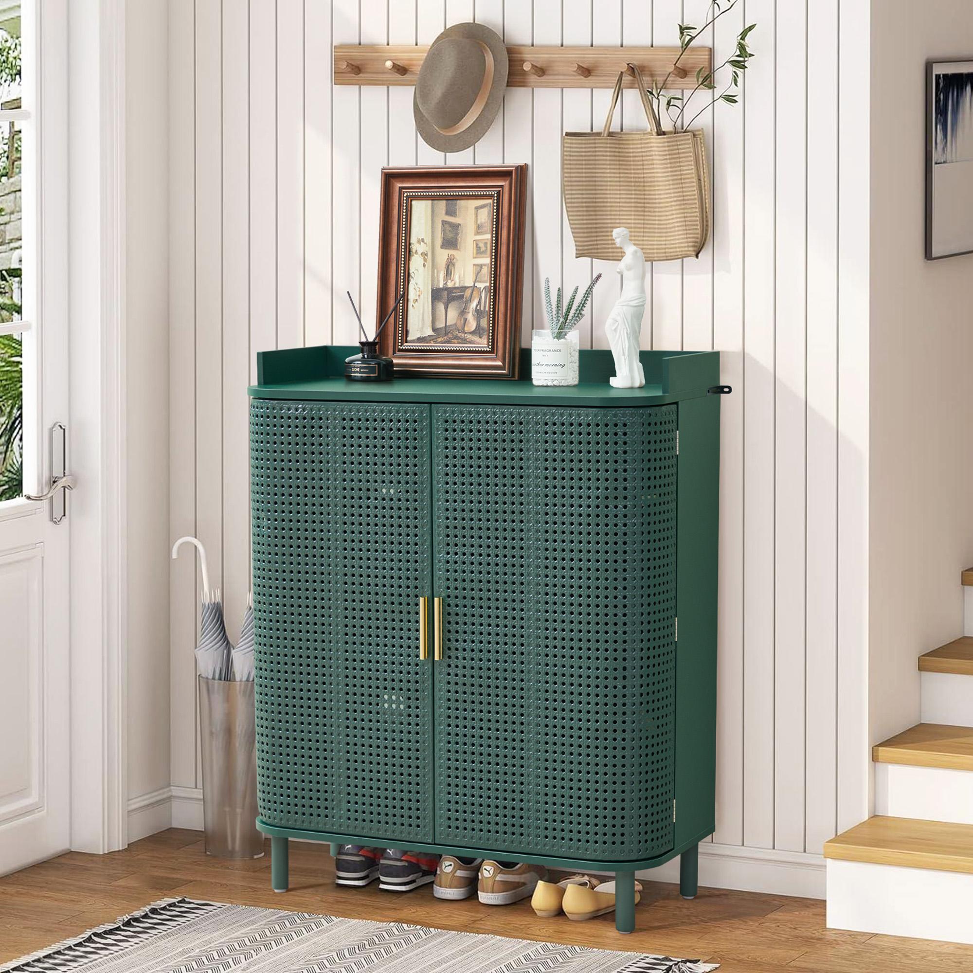 Giratree Shoe Cabinet, 5 Tier Boho Wooden Shoe Storage Organizer Cabinet with Adjustable Shelves, Shoes Rack with Iron Rattan Curved Doors Accent Cabinet for Entryway Hallway Living Room