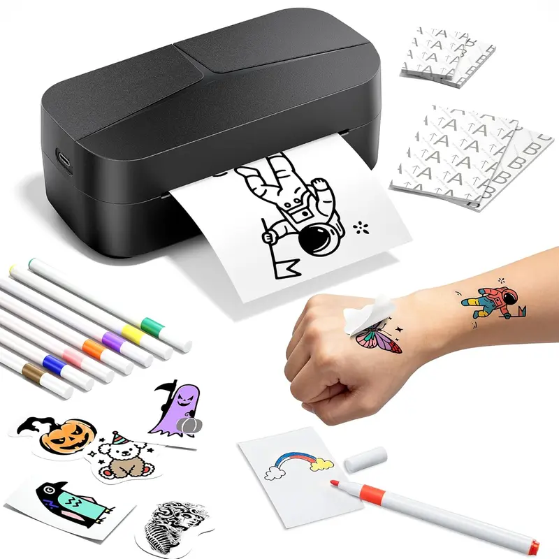 Phomemo DIY Temporary Tattoo Maker, TK32 Tattoo Maker for Kids & Adults, Create Custom Temporary Tattoos, DIY Tattoo Sticker Kit with 50 Papers & 8 Markers, Perfect for Parties, Events, Gifts & Creative Fun, Black
