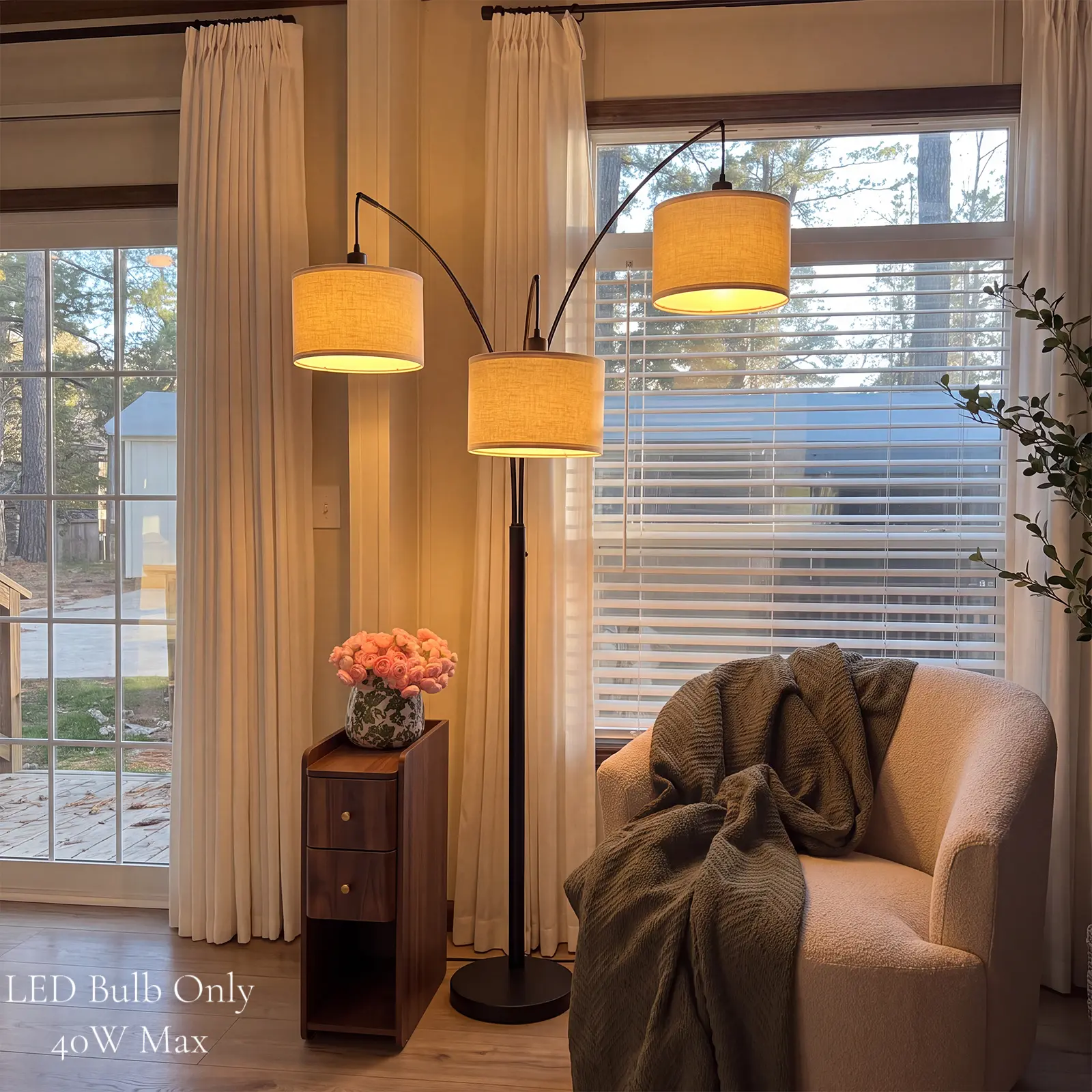Hoodink Dimmable 3-Light Arc Floor Lamp - 1000LM Mid Century Modern Tree Lamp with Beige Shades, Heavy Base, 3x6W LED Bulbs (LED Only) for Living Room, Bedroom, House Decor, Unique Room Decorations, Lights, Lamps,sohochic