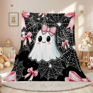1 Piece Halloween Ghost Pink Bow Spider Web Theme Flannel Blanket, Soft and Warm Plush, Super Comfortable, Suitable for Living Room, Bedroom, Travel and Camping, Family Holiday Decoration,Air-conditioned Room Accessory