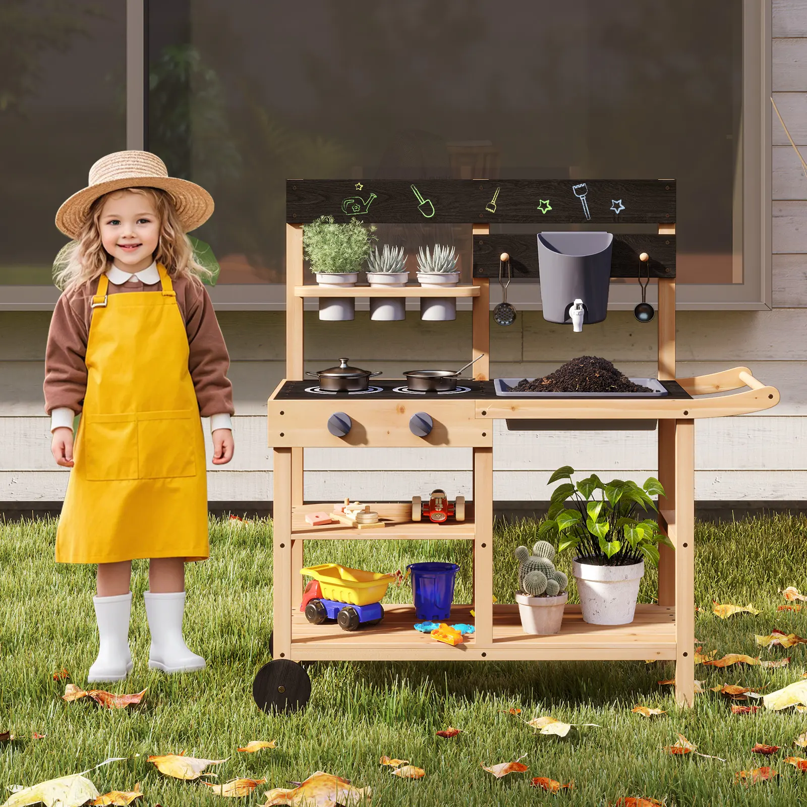 Costzon Wooden Kids Play Kitchen, Outdoor Mud Kitchen with Removable Sink, Water Box & Faucet, Stove Top, Storage Shelves, Fun Backyard Pretend Kitchen Playset , 4th of july decor, dad gift