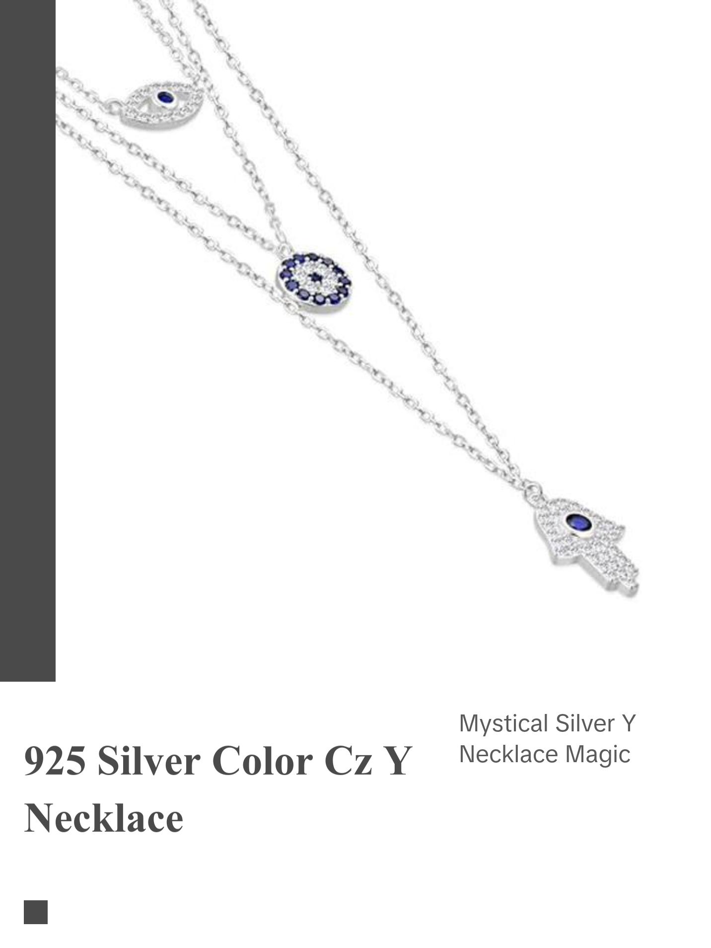 My Daily Styles 925 Sterling Silver CZ Layered Y Necklace with Hamsa, Evil Eye, and Round Eye Charms - Adjustable Chain