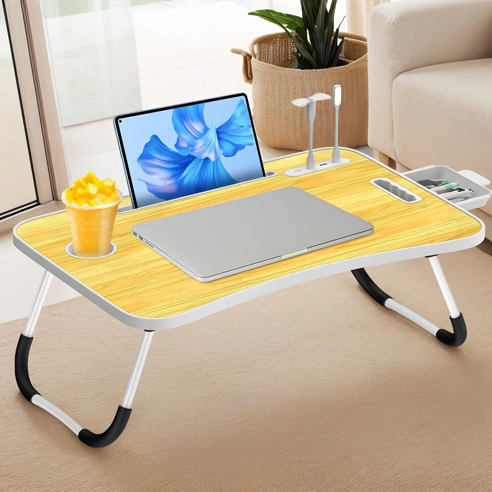Ultra Large Portable Laptop Foldable Bed Table with Cup Holder Drawer USB Fan Light Stable Durable for Eating Reading Writing School Supplies
