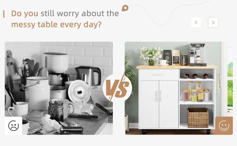 Walsunny 42'' Kitchen Island Cart Storage with Solid Wood Top - Plenty of Storage Space, Adjustable Shelf, Built-In Wheels - Cabinet, Organiser