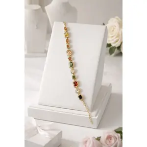 6.5”-8.5” Multicolor Gemstone Link Bracelet – Gold Tone Statement Bracelet