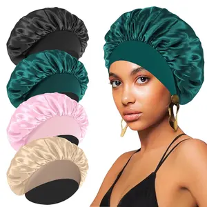 4PCS Silk Satin Bonnets for Black Women & Men Elastic Wide Band Hair Wrap Cap for Curly Hair Shower Cap for Sleeping Black Peacock Blue Pink Khaki