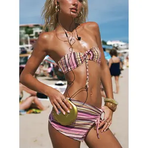 Lemargo Tie Ruched Swim Skirt Pink / Yellow Stripe