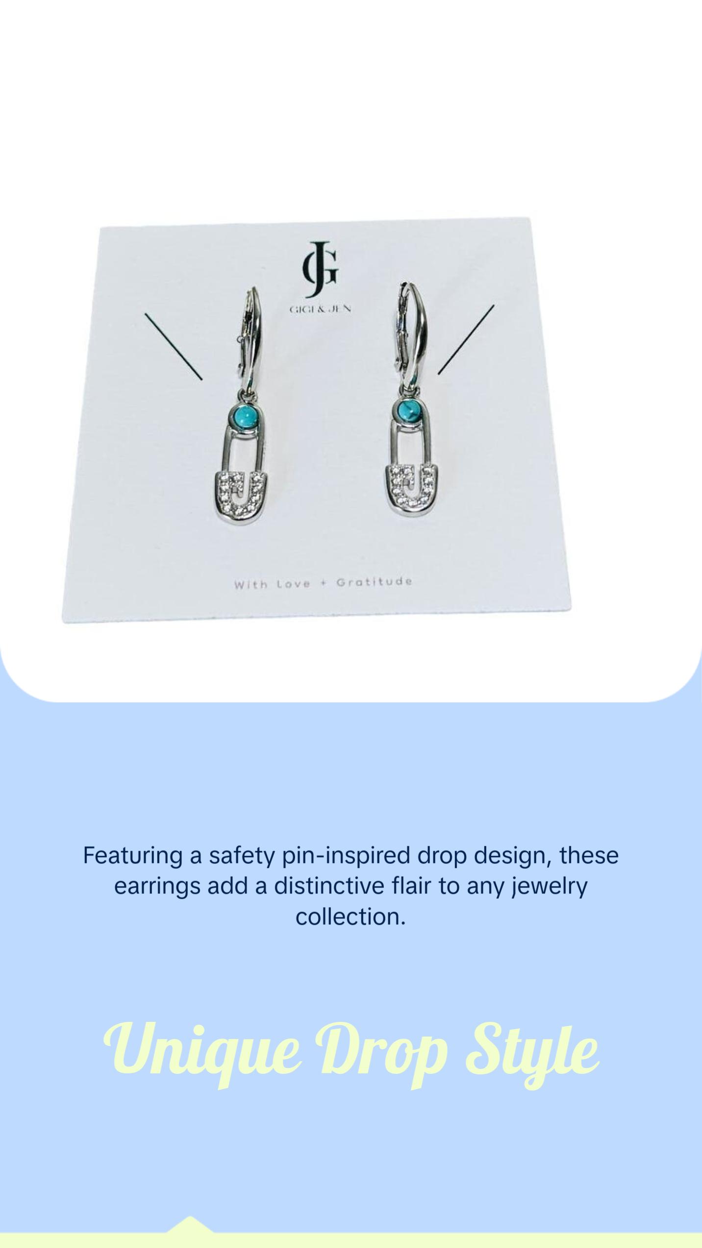 Safety Pin Turquoise earrings Link Drop Earrings Sterling Silver 925  huggie