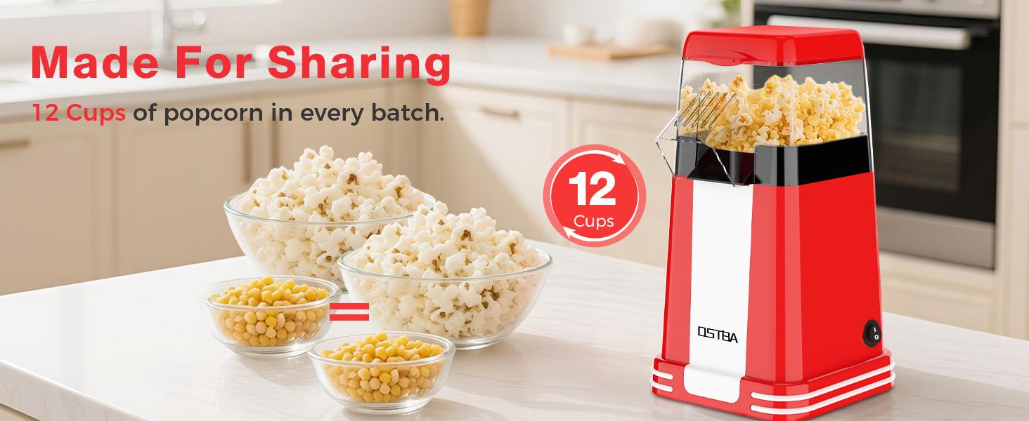 OSTBA Mini Retro Oil-Free Popcorn Maker, 1200W Hot Air Popper Machine, 12 Cups Electric Popcorn Popper with Butter Tray, One-Button Control, Compact Popcorn Maker for Home & Gifts