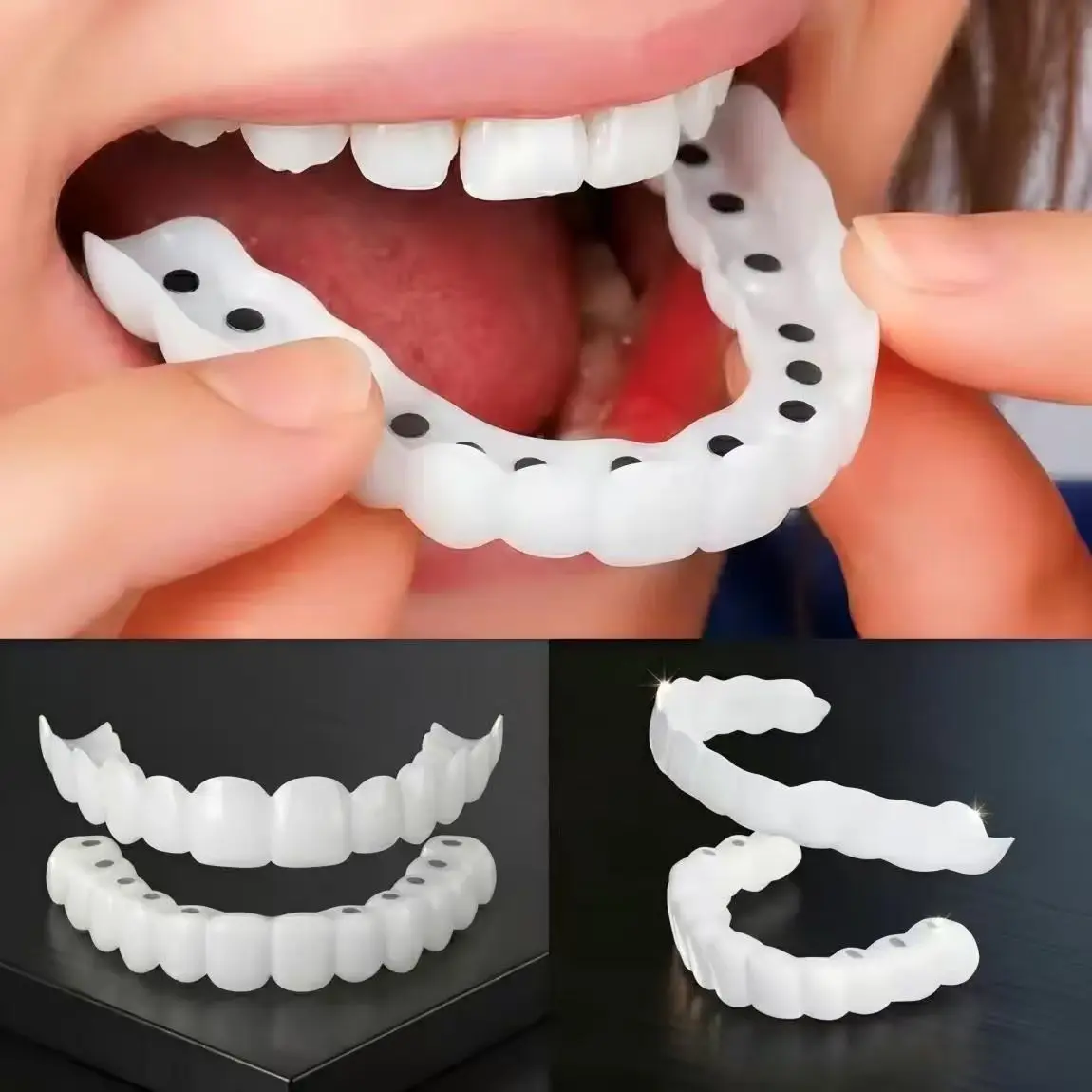 Oral 2-Pair Silicone Snap-On Smile False Teeth Set with Polypropylene, Instant Veneers, Cosmetic Whitening Covers, Clip-In Top & Bottom Dentures for Stain Coverage & Radiant Smiles