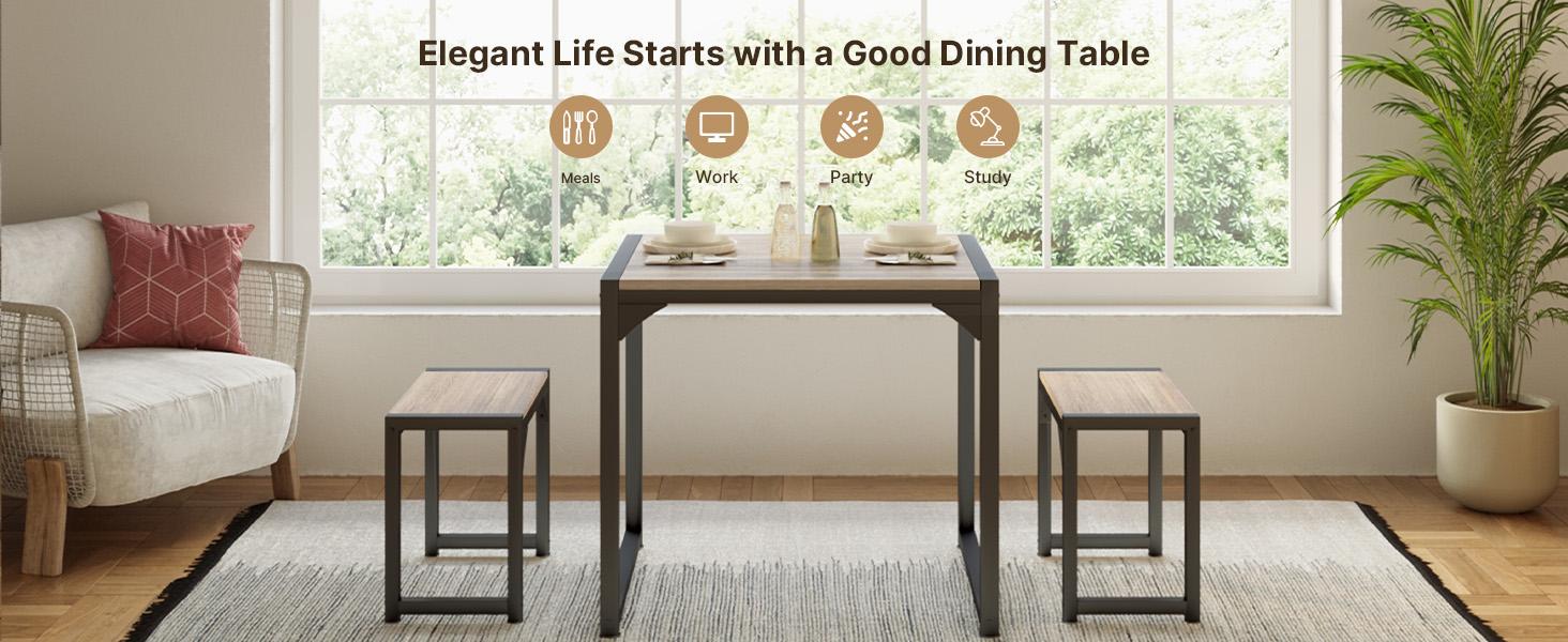 Gizoon Dining Table Set for 2, Kitchen Table Set for 2 with Steel Frame, Kitchen Table with 2 Benches for Small Space, Space Saving Design for Restaurant, Living Room, Grey