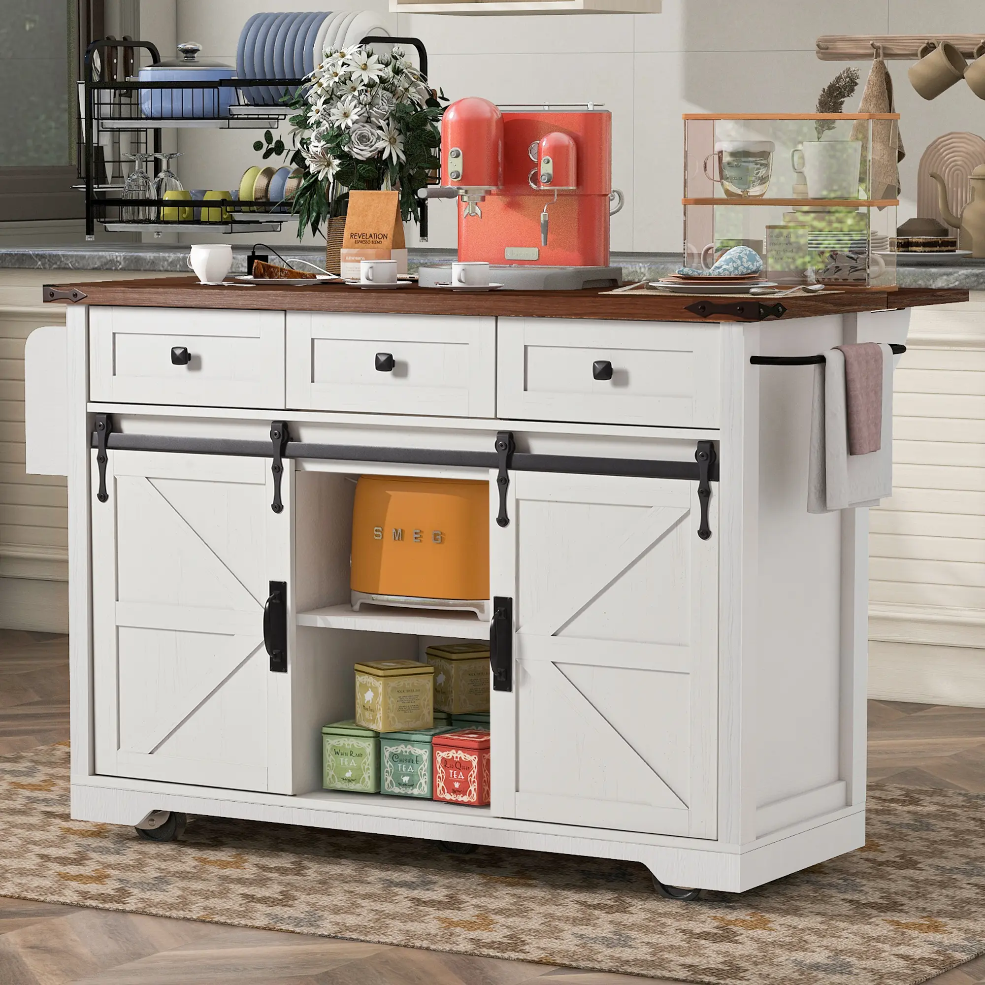 K&K 53.7" Farmhouse Rolling Kitchen Island Cart with Power Outlet, 2 Sliding Barn Doors, Drop Leaf, Spice Rack & Wheels, for Home Kitchen & Dining Room