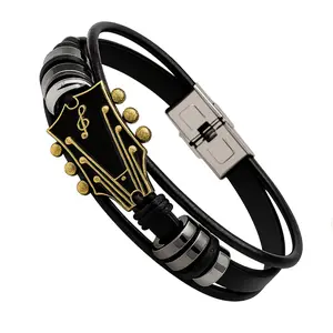 Retro Guitar Leather Bracelet for Men Women Unique Bead Braided Handmade Ethnic Tribal Cuff Multi-Layer Cords Wrap Music Shape Punk Rock Jewelry Gifts Perfect Family Gift