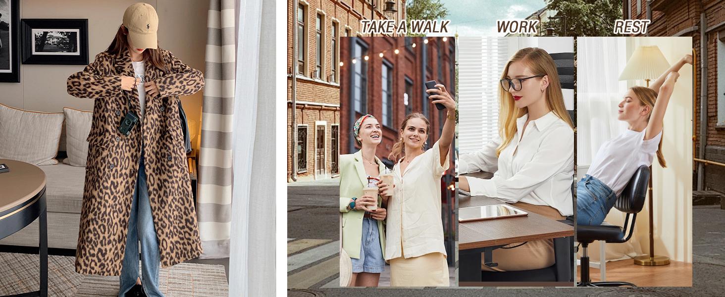 Chouyatou Womens Leopard Long Wool Trench Coat Notched Lapel Double Breasted Pea Coat Winter Warm Overcoat SpringStatements