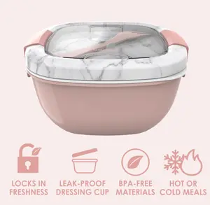 Bentgo Salad Container - 54 oz Bowl with 4-Compartment Toppings Tray, Dressing Container, Reusable Fork, BPA-Free Lunch Box for Meal Prep & Food Storage; Removable Bento Tray (Blush Marble)