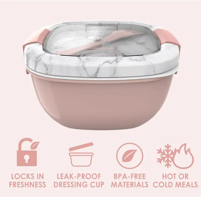 Bentgo Salad Container - 54 oz Bowl with 4-Compartment Toppings Tray, Dressing Container, Reusable Fork, BPA-Free Lunch Box for Meal Prep & Food Storage; Removable Bento Tray (Blush Marble)