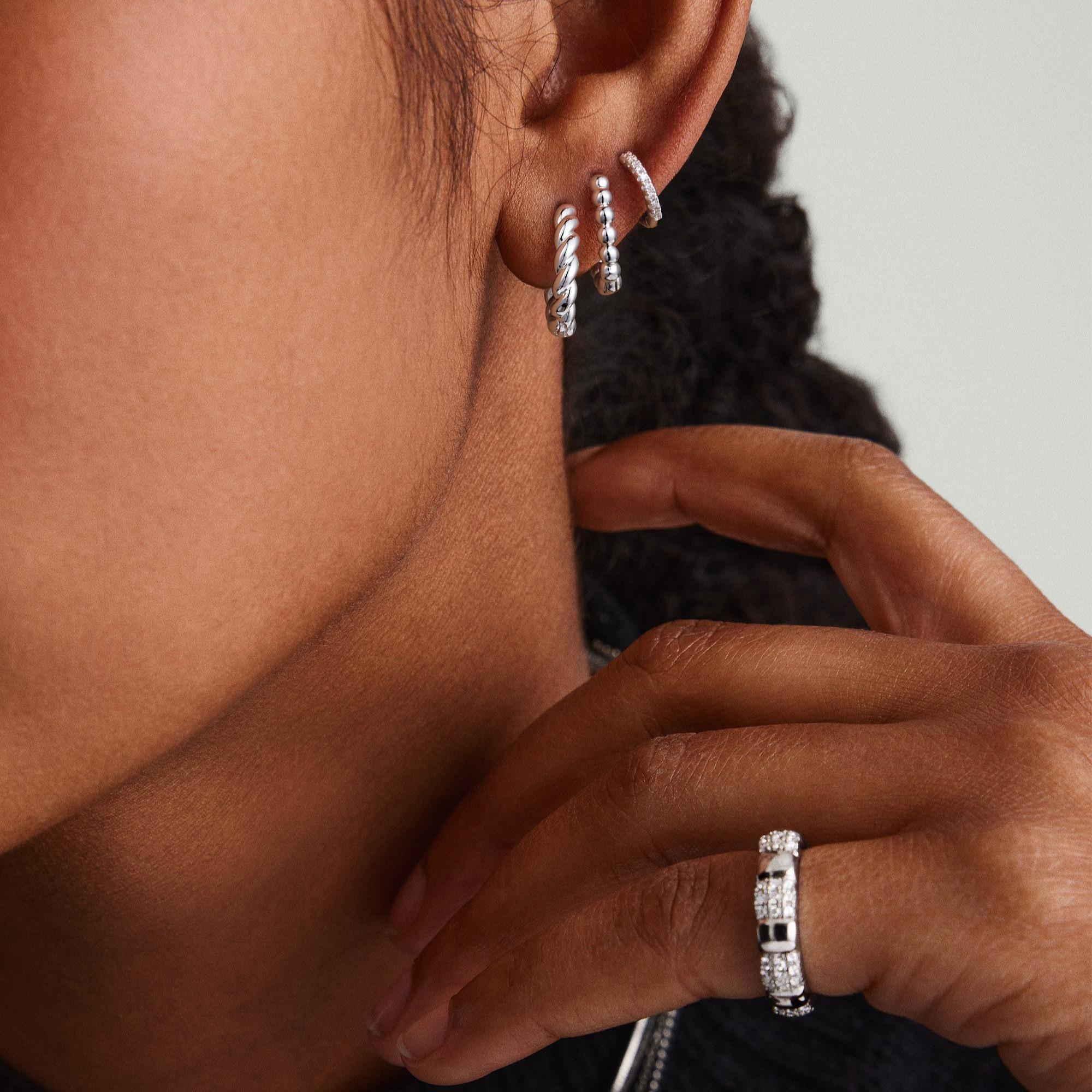 TEWIKY 925 Silver-Plated Six Pairs of Earrings with Beaded Twisted Hoops Cubic Zirconia Hoops Smooth Hoops Thin Smooth Hoops Oval Smooth Hoops Smooth Twisted Hoops Valentine's Day Gift, Suitable for Various Occasions