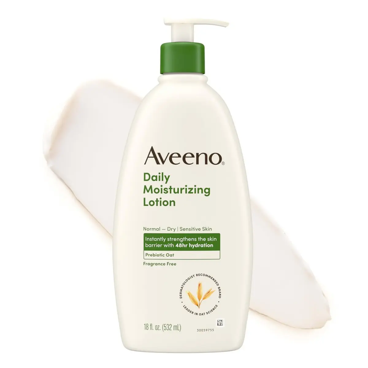 Aveeno Daily Moisturizing Body Lotion for Normal to Dry Skin - Soothing Prebiotic Oat Formula, Non-Greasy, Non-Comedogenic, Fragrance-Free, 18 Fl Oz for Adults